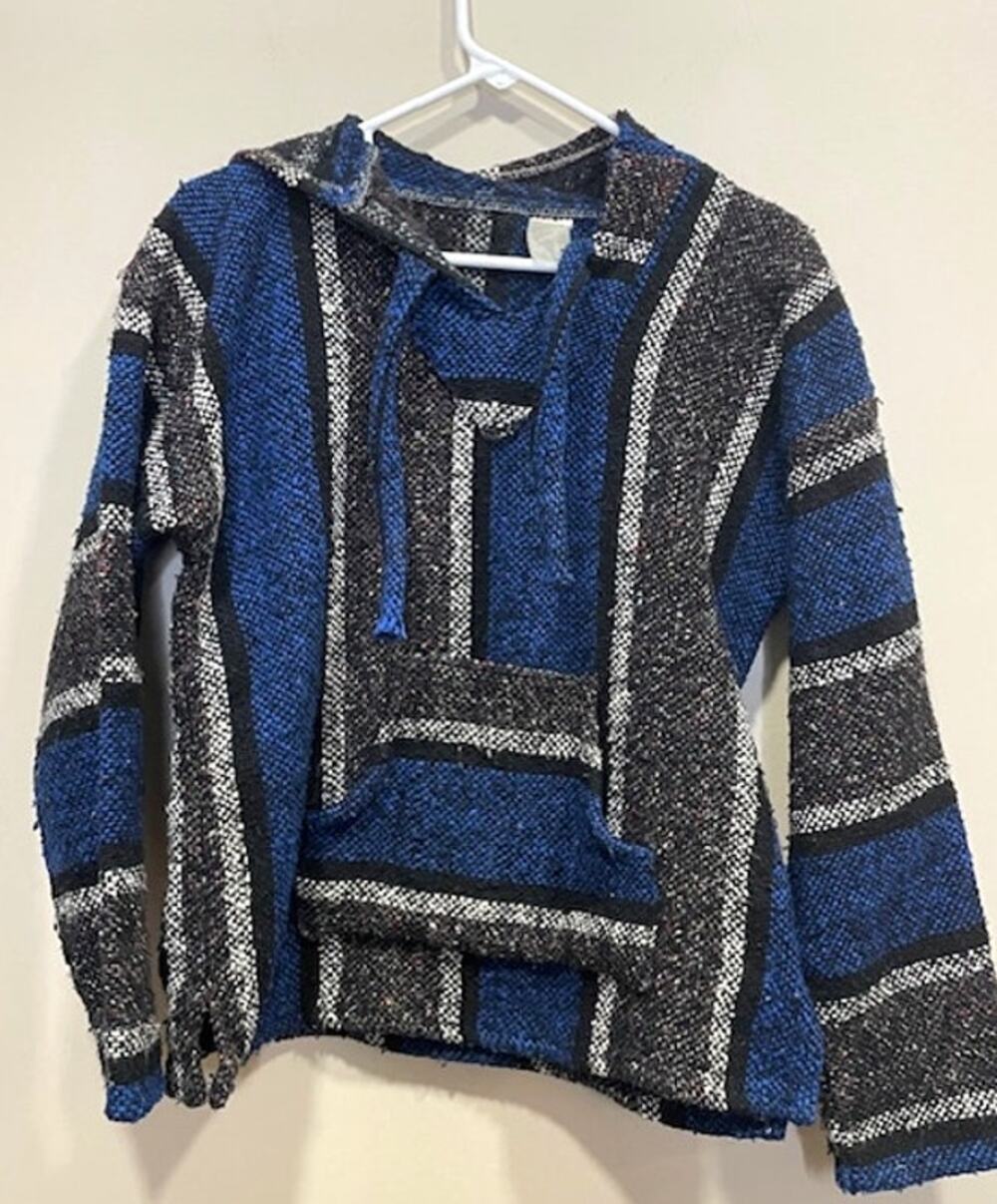 Baja Hoodie Blue Gray and Black Stripe Pullover Size Men's Medium